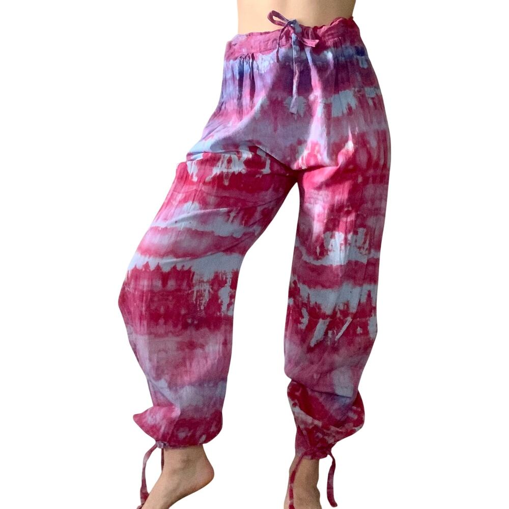 Vintage Pink Blue Ice Dye Harem Pants Reworked Cotton Boho Jogger One Size